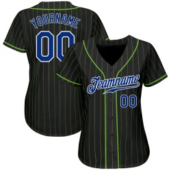 Custom Pinstripe Black Authentic Royal-White Baseball Jersey Neon Green
