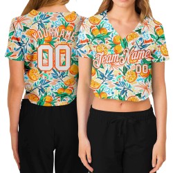 Baseball Jersey Cropped Fruits White Custom Women's V-Neck 3D White-Orange