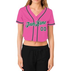 Baseball Women's Jersey V-Neck Kelly Custom Cropped Green-White Pink