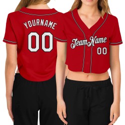 Baseball V-Neck Red Custom Women's Cropped White-Black Jersey
