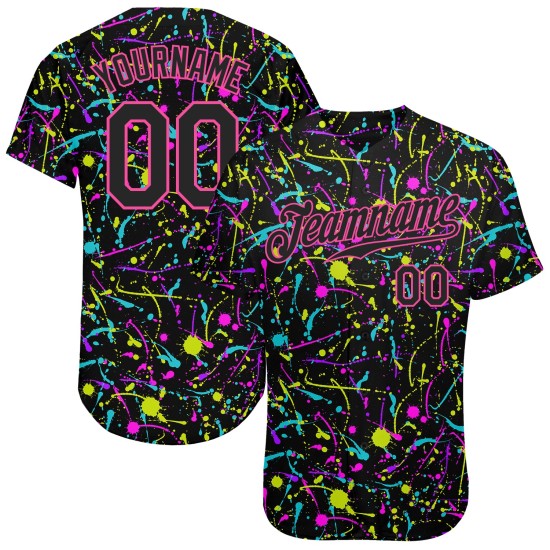 Custom Graffiti Pattern Black-Pink 3D Neon Splatter Authentic Baseball Jersey Custom Graffiti Pattern Black-Pink 3D Neon Splatter Authentic Baseball Jersey